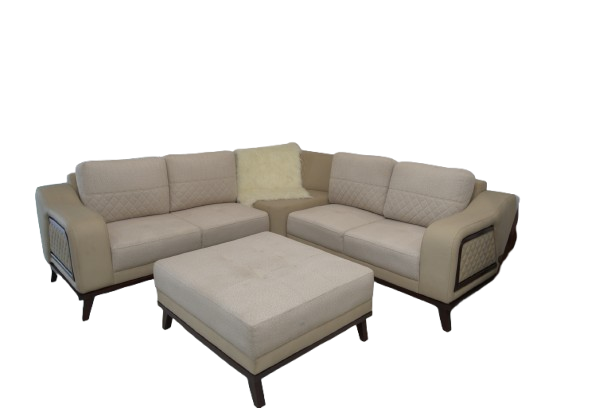 A relaxed Era corner sofa set paired with a foot stool, ideal for lounging in a fashionable home environment.