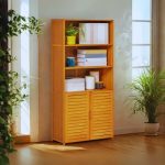 “Wooden bookshelf with cabinet doors, three open shelves displaying plants, books, and decor, placed in a bright room with wooden flooring and indoor plants.”