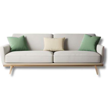 “Minimalist white sofa with light wood legs, decorated with pastel green and beige cushions, placed against a dark blue wall with a floor lamp and indoor plant.”
