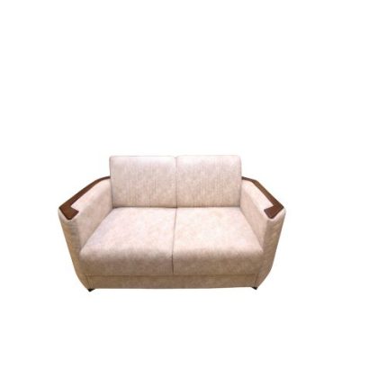 Beige two-seater fabric sofa with wooden armrests placed in a bright, modern living room with marble flooring, large windows with sheer white curtains, and a decorative mirror on the back wall.