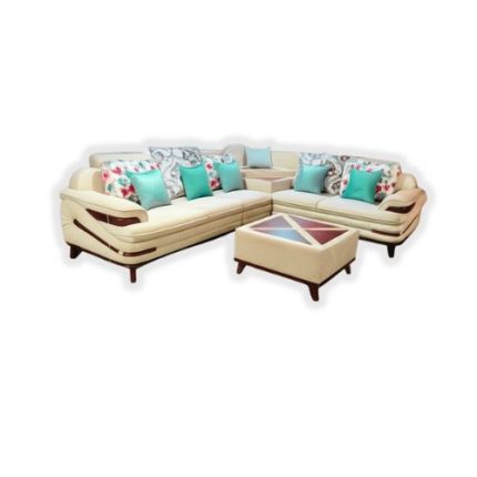 “Modern modular corner sofa set in a bright living room with beige upholstery, colorful floral and teal accent pillows, matching ottoman and natural sunlight streaming through large windows”