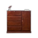 "Modern wooden wardrobe with four spacious drawers and side cabinet, placed on a beige rug in a stylish living room with wooden flooring and elegant décor."