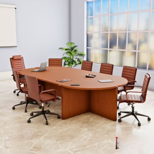 Large wooden conference table with brown executive chairs arranged in a modern office meeting room