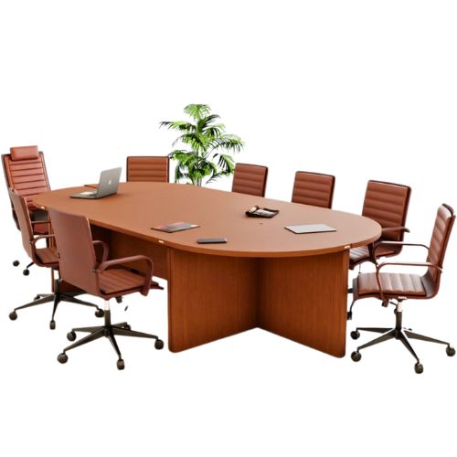 Large wooden conference table with brown executive chairs arranged in a modern office meeting room