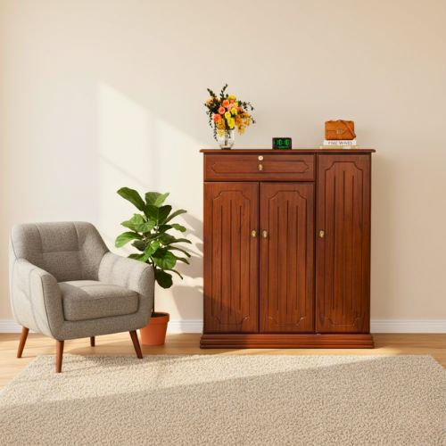 Show Rack "Wooden storage cabinet placed under staircase, decorated with flower vase, digital clock, and fine wines box in a modern home interior."
