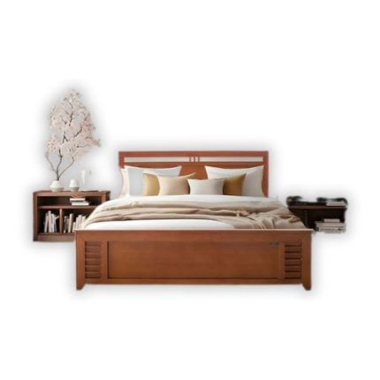 Stylish wooden bed with a warm brown frame, neatly arranged bedding, and matching bedside tables in a bright, modern bedroom with large windows and soft decor.