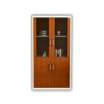 Wooden office cabinet with glass doors and storage compartments for books, files, and documents