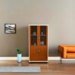 Wooden office cabinet with glass doors and storage compartments for books, files, and documents