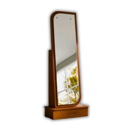 Wooden standing full-length mirror with a storage drawer at the base, placed in a modern room with beige walls, a white vase holding green branches, and abstract wall art.