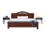A bedroom featuring a large, dark wooden bed with an ornate, carved headboard. The bed has a light blue mattress and a dark blue blanket draped over the foot of the bed. On either side are modern, round nightstands with small pendant lights hanging above them. A large, circular light fixture hangs from the ceiling in the center of the room. The walls are a mix of light wood paneling and textured wallpaper.