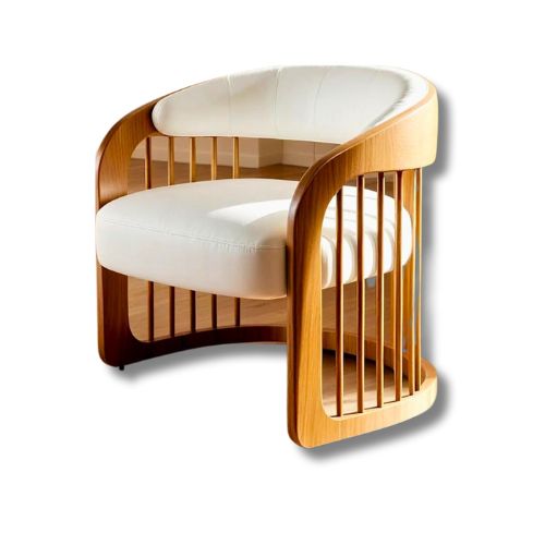 Modern wooden lounge chair with curved frame and white upholstered seat, placed in a bright living room with wooden flooring and soft natural light.