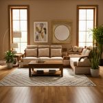 “L-shaped wooden-frame sofa set with beige upholstery, plush cushions, and a corner side table, designed in a modern-classic style for living rooms.”
