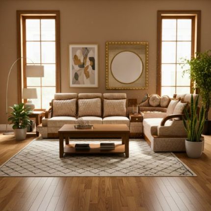 “L-shaped wooden-frame sofa set with beige upholstery, plush cushions, and a corner side table, designed in a modern-classic style for living rooms.”