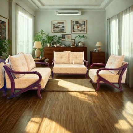 A classic wooden-frame sofa set with cream upholstered cushions arranged in a showroom, featuring a 3-seater, 2-seater, and single chair, displayed against wooden cabinets and bright lighting.