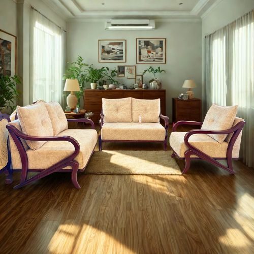 Wooden Frame Sofa A classic wooden-frame sofa set with cream upholstered cushions arranged in a showroom, featuring a 3-seater, 2-seater, and single chair, displayed against wooden cabinets and bright lighting.